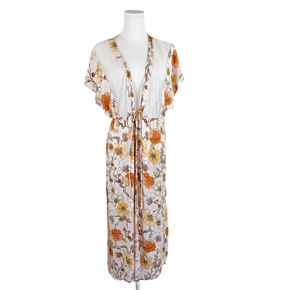 Liberty Love Floral Kimono Duster Cardigan Tan Orange Boho M White Robe - Picture 1 of 9